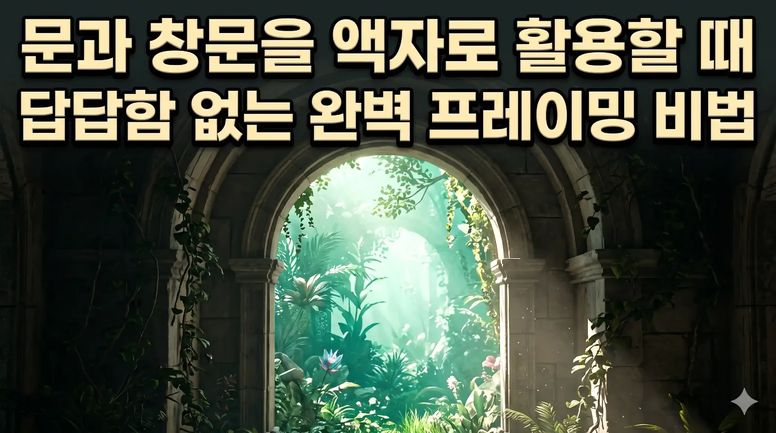 어두운 아치형 석조 문틀 너머로 눈부시게 빛나는 정원을 담아낸 프레임 속 액자 3D 아트