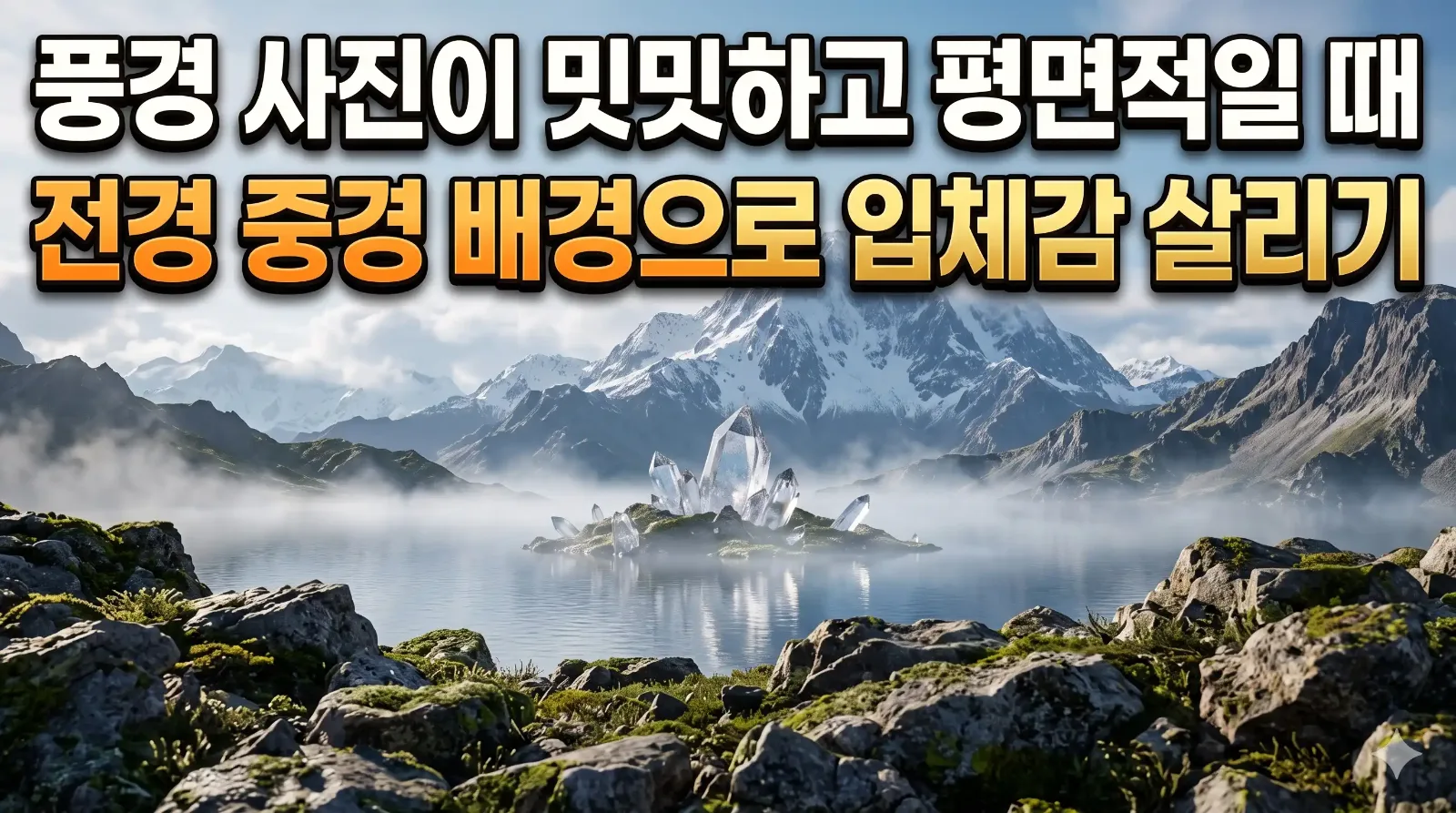 전경의 바위, 중경의 호수, 배경의 설산으로 깊은 입체감을 구현한 3D 디오라마 아트