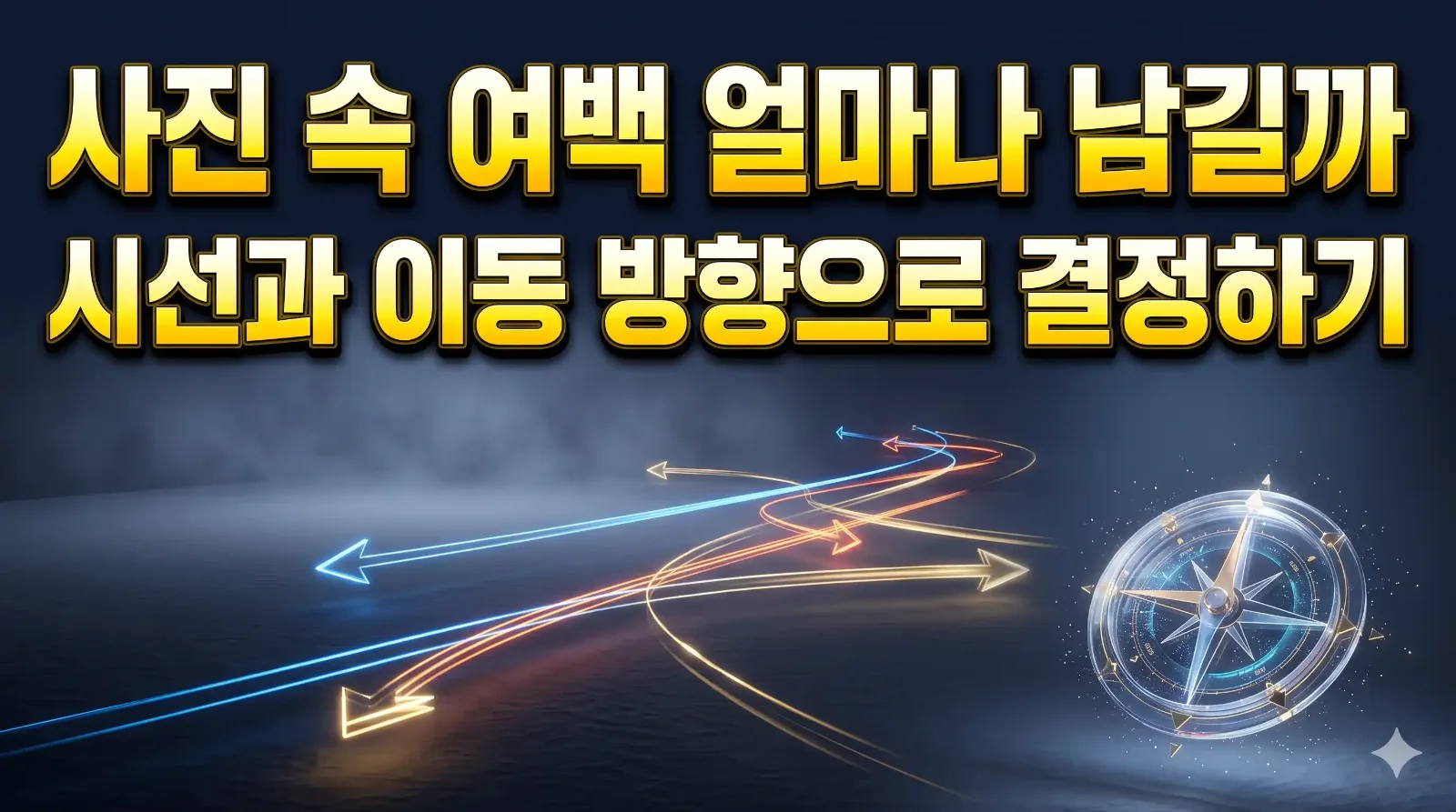 발광하는 네온 화살표와 기하학적 나침반으로 시선 방향과 여백을 표현한 3D 아트