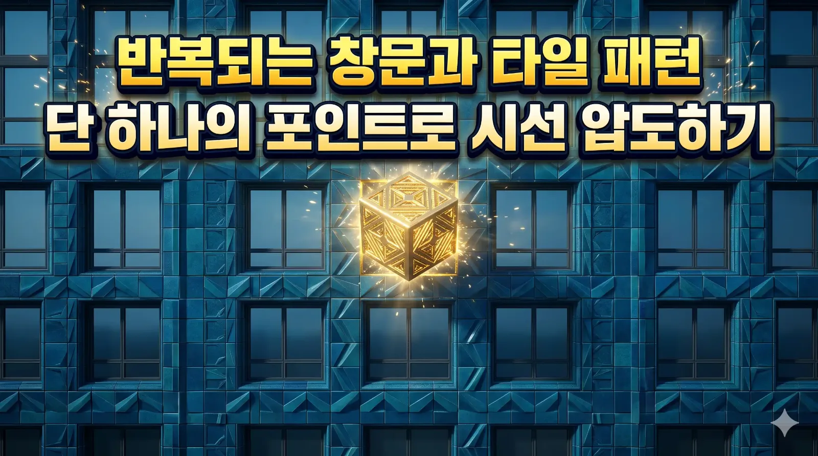 정돈된 푸른 타일 격자 패턴 속에서 강렬하게 발광하는 황금빛 큐브 3D 썸네일